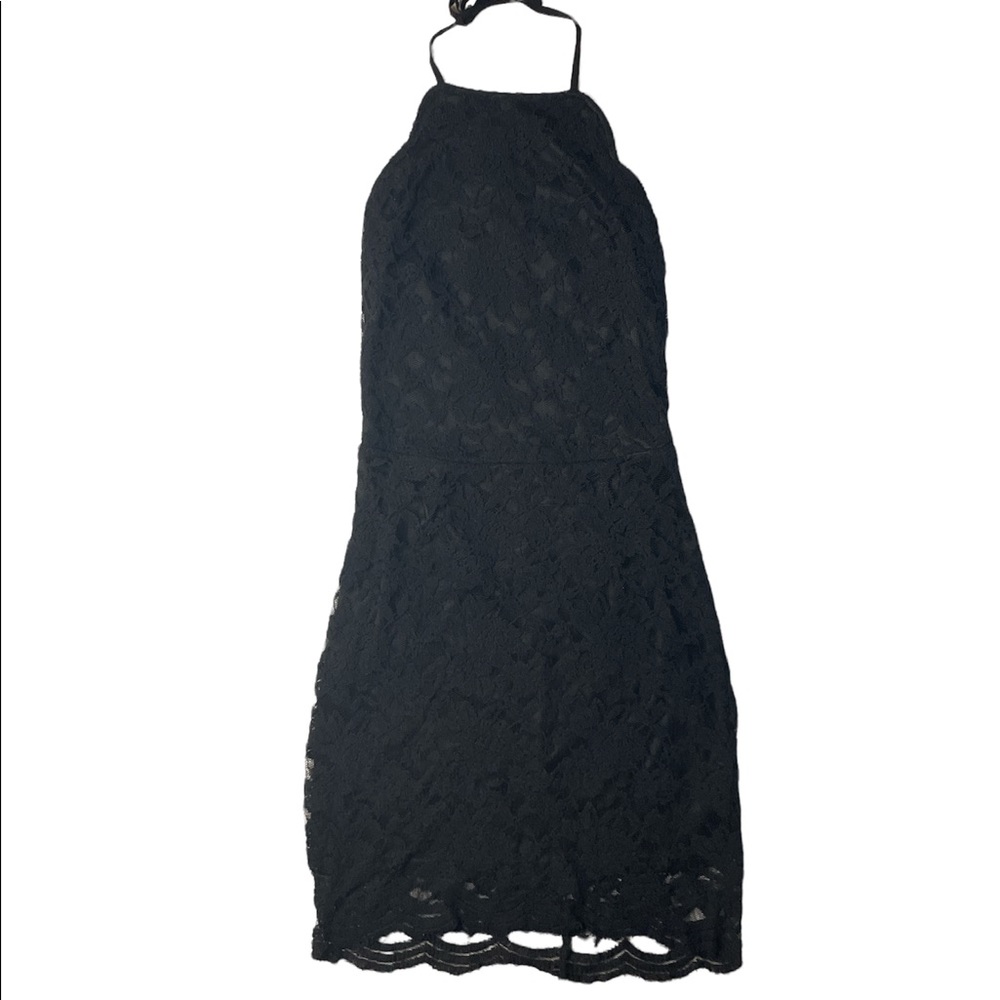 Boohoo black lace halter neck dress with open back